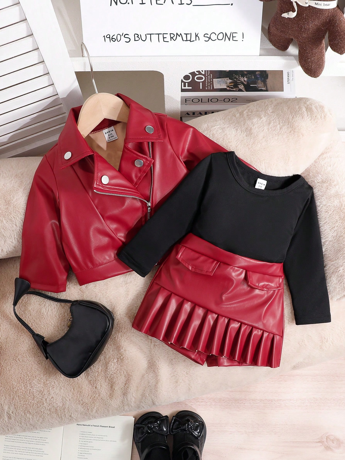 Dreiteiliges Set im koreanischen Stil für Mädchen, Herbst/Winter, hochwertige Motorradbekleidung aus PU-Leder mit Revers, Kleinkinderkleidung (3-7 Jahre)_voghion.com