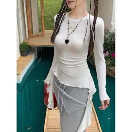 夏季辣妹荷叶边不对称抽褶赵露思同款修身显瘦长袖上衣棉