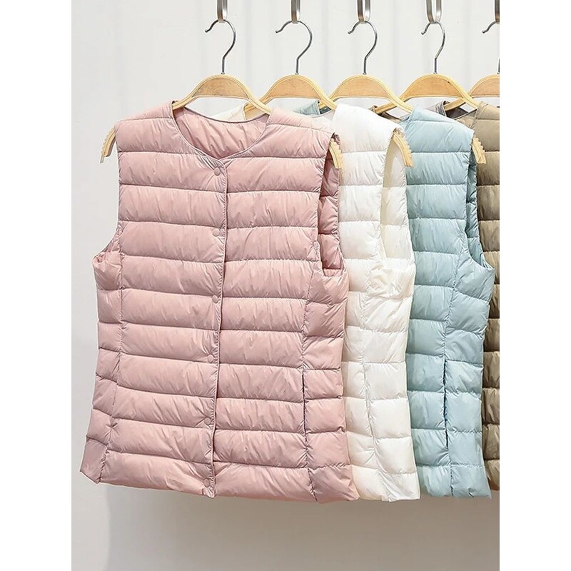 Cross-border TIKTOK export foreign trade women's round-neck collarless down vest sleeveless 90% down gilet