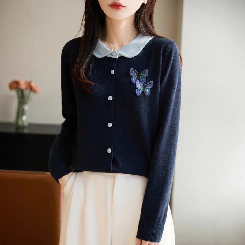 2025 New Autumn and Winter Skin-Friendly Lapel Knitted Cardigan Long-Sleeved Women's Color-Blocked Stereo Butterfly Loose Top Jacket