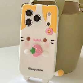 适用iPhone17美国墨西哥热销3D立体硅胶可爱通旋转草莓猫咪手机壳