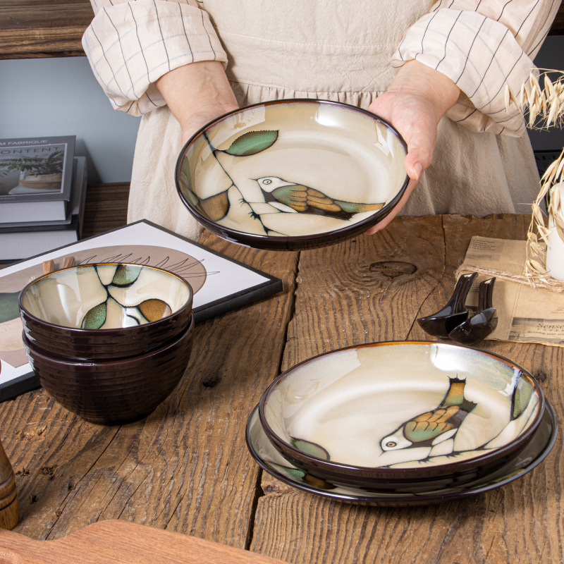 European-style Ceramic Tableware Underglaze Color Smart Hand-painted suit Creative Kiln Glaze Vegetable Plate Rice Bowl Soup Plate Noodle Bowl
