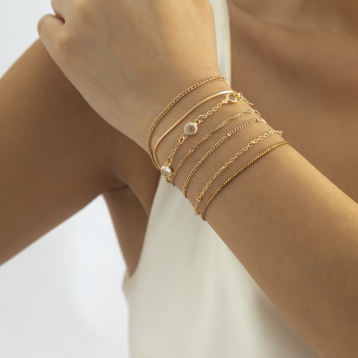 INS Style Solid Color Copper Bracelets Inlay Artificial Crystal Copper Bracelets 7 Pieces