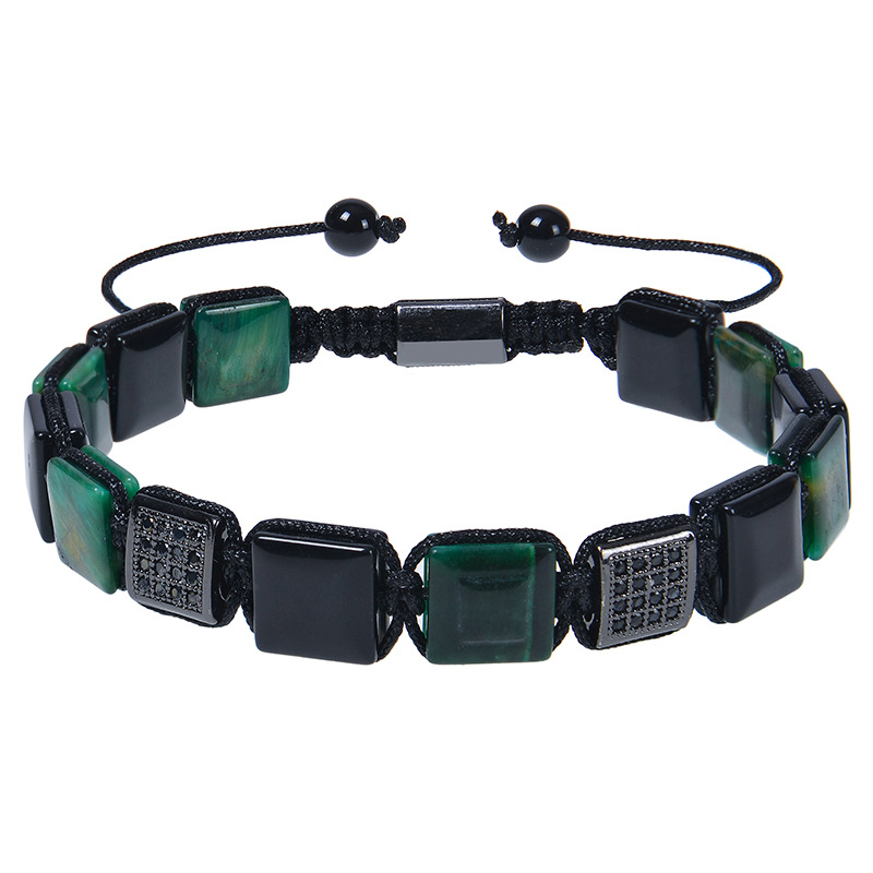 Cross-Border Supply Exclusively for Europe and America: Square Zircon Bracelet, Natural Malachite Obsidian Flat Bead Woven Bracelet, Unisex Jewelry