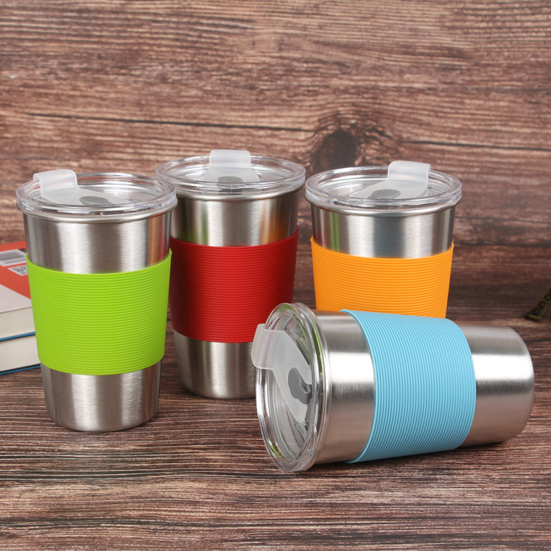 304ステンレスカップシリコンカップ付きプラスチック蓋コーヒーカップ飲料ミルクカップ|undefined