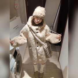 韩系棕色羊羔毛连帽外套女秋冬加厚慵懒风小个子宽松加棉其他羊毛