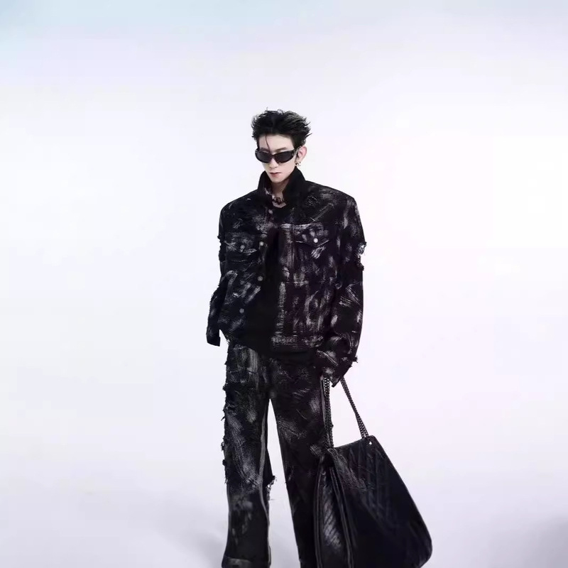 Men's Denim Jacket Set, Graffiti Washed Ripped Jeans, Spring and Autumn Style Jacket, Men's Wasteland Style Denim Set