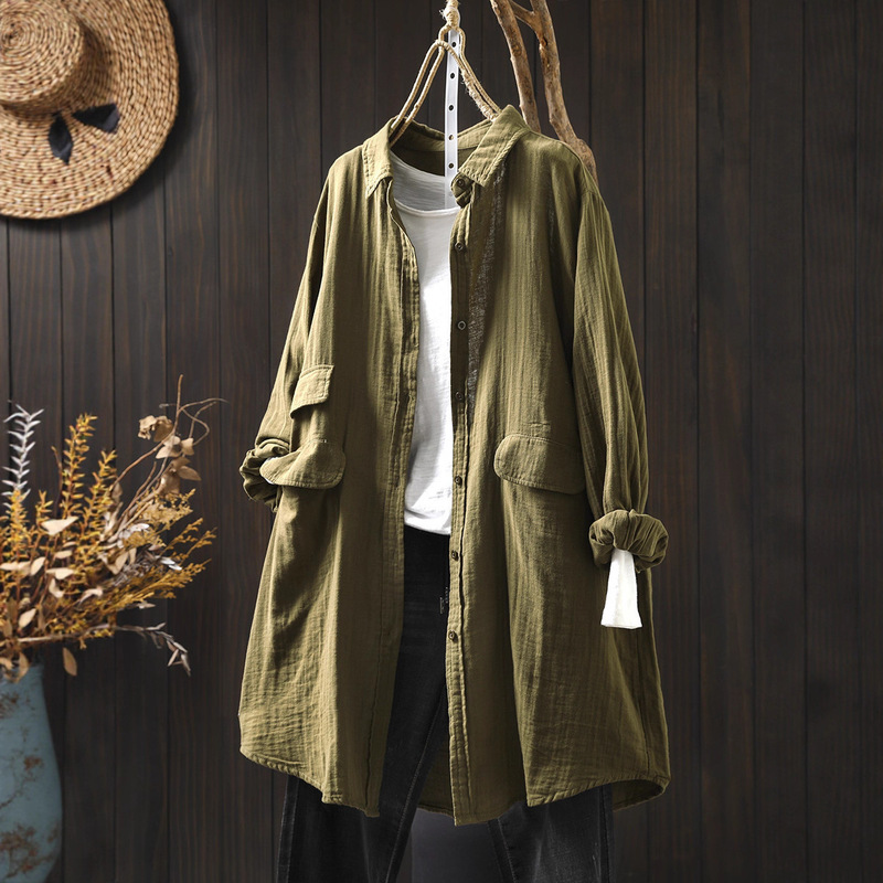 Pure Cotton Double-Layer Cotton Yarn Shirt Jacket Women's Long-Sleeved Mid-Length Loose Slimming Look Spring & Fall Japanese Style Style Artistic Outer Cardigan