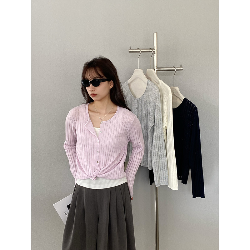 Jiangzuo Korean-Style Rolled Collar Hollow-Out Thin Knit Cardigan for Women, Early Spring 2026 New Versatile Wool Top W6005