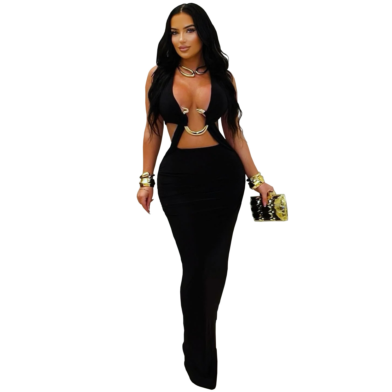 C7572 Aliexpress transfronterizo amazon ropa de moda europea y americana sexy delgada de color sólido correa de brazo vestido image 7