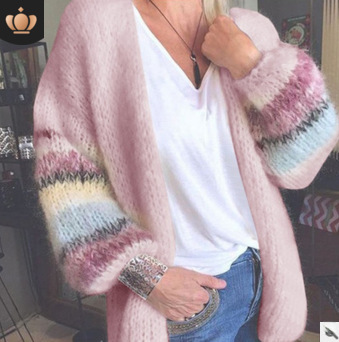 2021 New sweater striped mohair cardigan European and American autumn and winter knitted long-sleeved coat cross-border women's clothing_voghion.com
