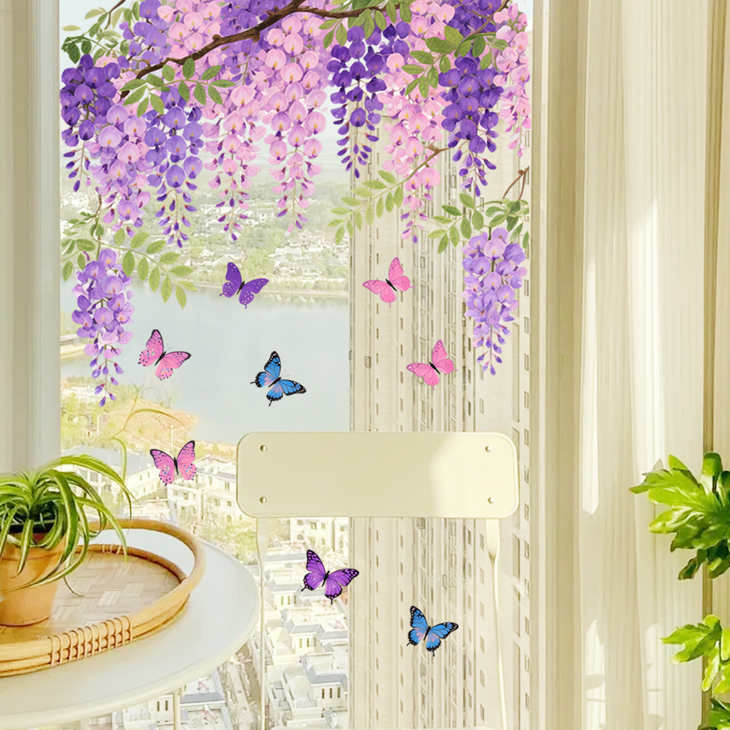 跨境植物花卉藤蔓紫色花朵蝴蝶玻璃贴纸客厅窗户主题装饰静电贴