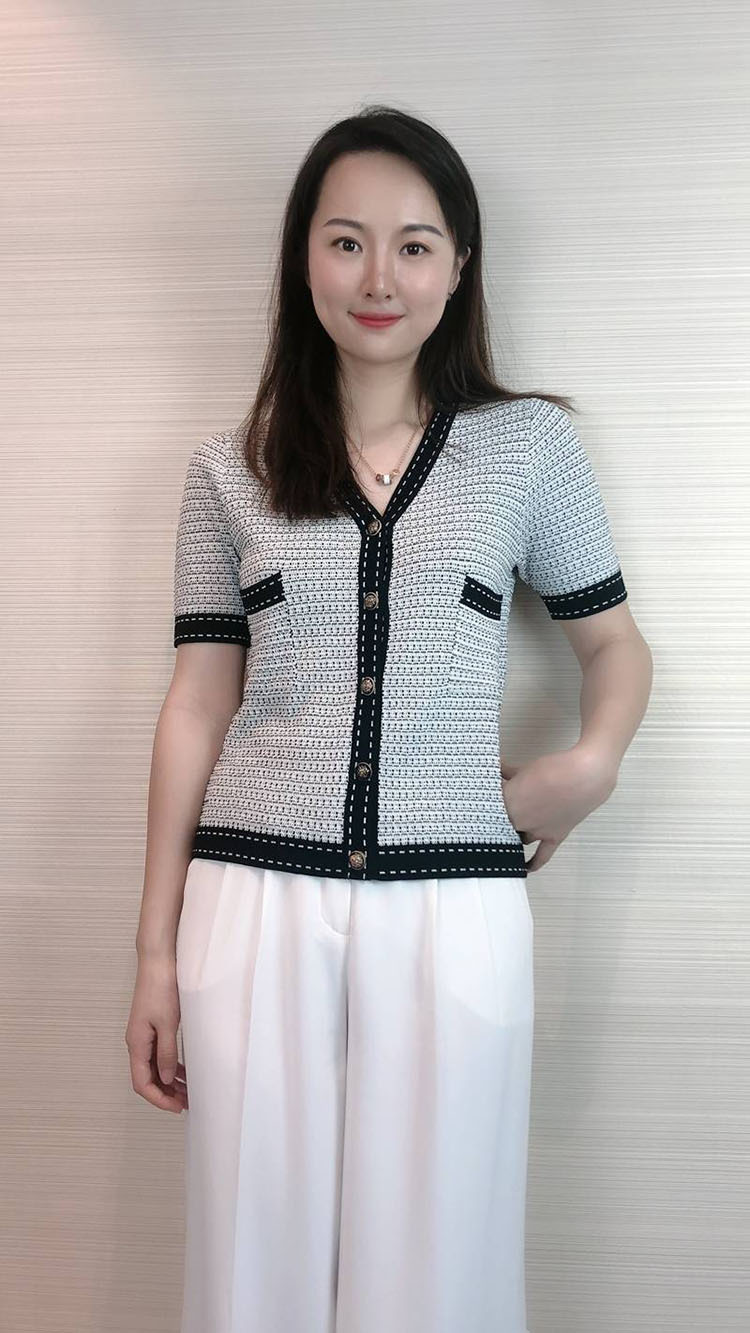 Áo cardigan nữ cổ chữ V tay ngắn dệt kim phong cách tiểu thư — Màu xám chi tiết 1