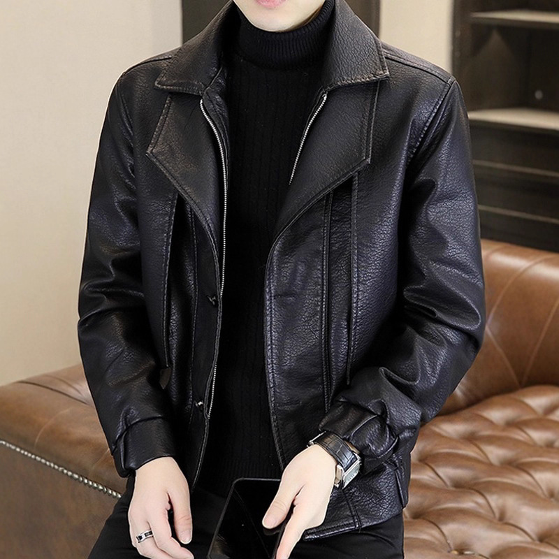 Fake Two-Piece Men's Leather Jacket Winter New Style Youth Warm and Handsome Motorcycle Leather Jacket Double Collar Jacket