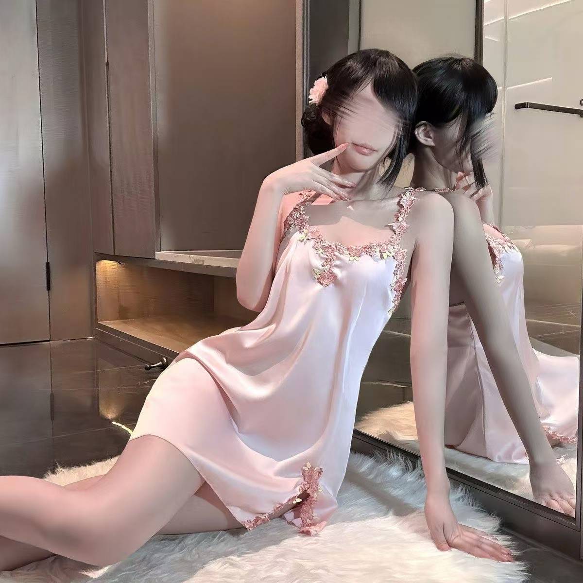 Embroidered Silk-Feel Backless Slip Nightgown, Lightweight Polyester Summer Lingerie, One Size — detail image 3