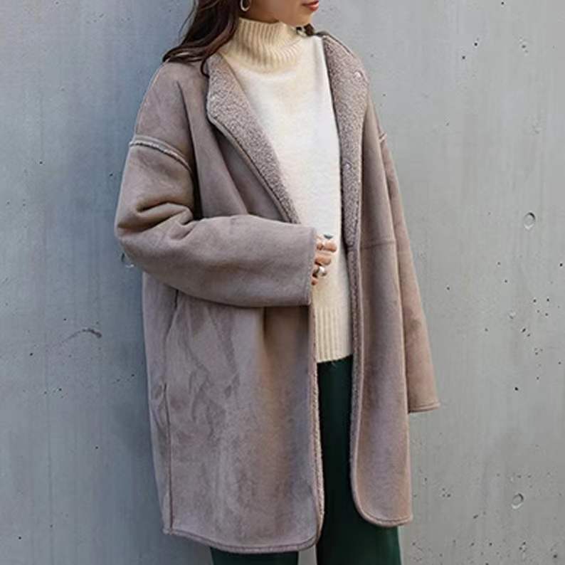 Women's Clothing simple style, grain velvet, fur, wool, spring and autumn coat, solid color, buttoned round collar, women's outerwear_voghion.com