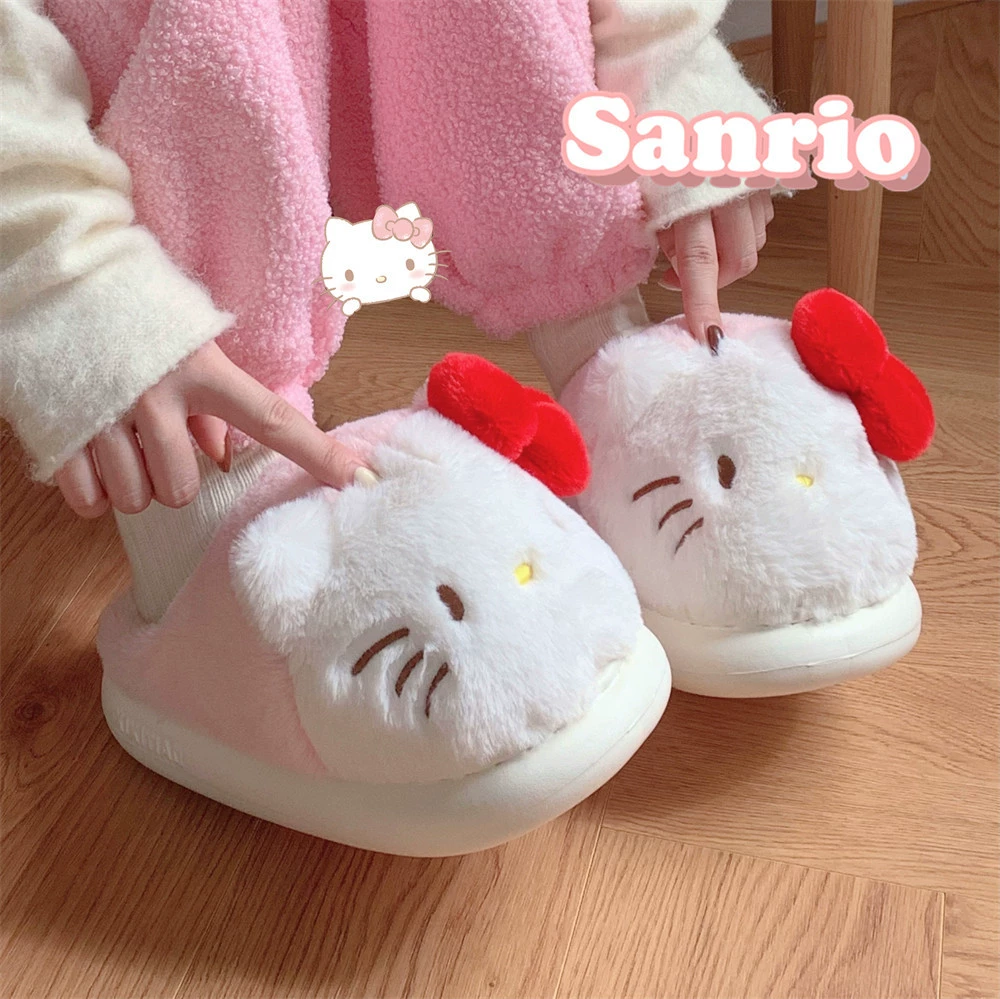 Плюшевые детские тапочки Hello Kitty, полуоткрытая пятка, светло‑розовые, размеры 30–35