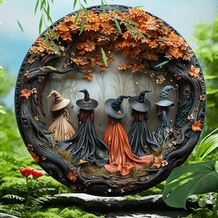 in stock Halloween decoration doorplate wooden crafts five witches round logo hanging Christmas Eve decorations