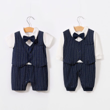 跨境夏季婴儿衣服棉男宝宝绅士连体衣薄款新生儿领结爬服批发服饰