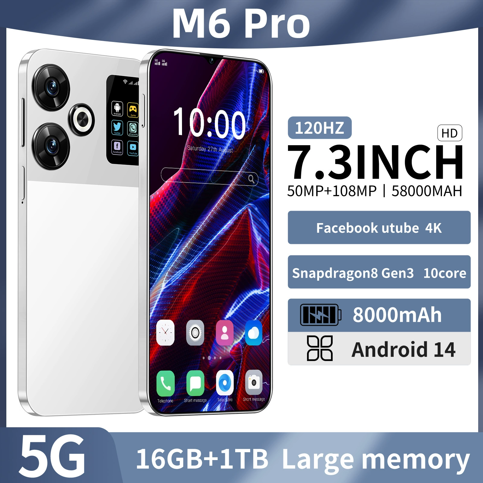 Кросс-бордер мобильный телефон M6 PRO с большим экраном 16+1T Android, зарубежная торговля, горячий спрос, новый источник смартфона (взрывная модель)