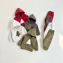两件套婴幼童圣诞新款连帽加绒秋冬套装休闲长袖卫衣加长裤套装