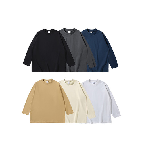 230g plain crew neck long-sleeved pure combed cotton T-shirt for spring and autumn, unisex, loose and versatile, dropped shoulder trendy basic top