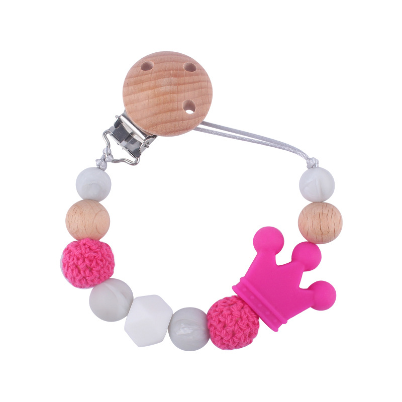 Suministros para bebés calmante clip de chupete de haya bebé anti-caída de la cadena de dibujos animados corona de silicona perlas mordedura molar chupete cadena