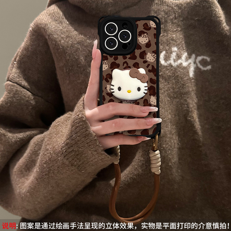豹纹kt猫支架适用苹果15手机壳iphone16软硅胶14promax四角挂绳13|undefined
