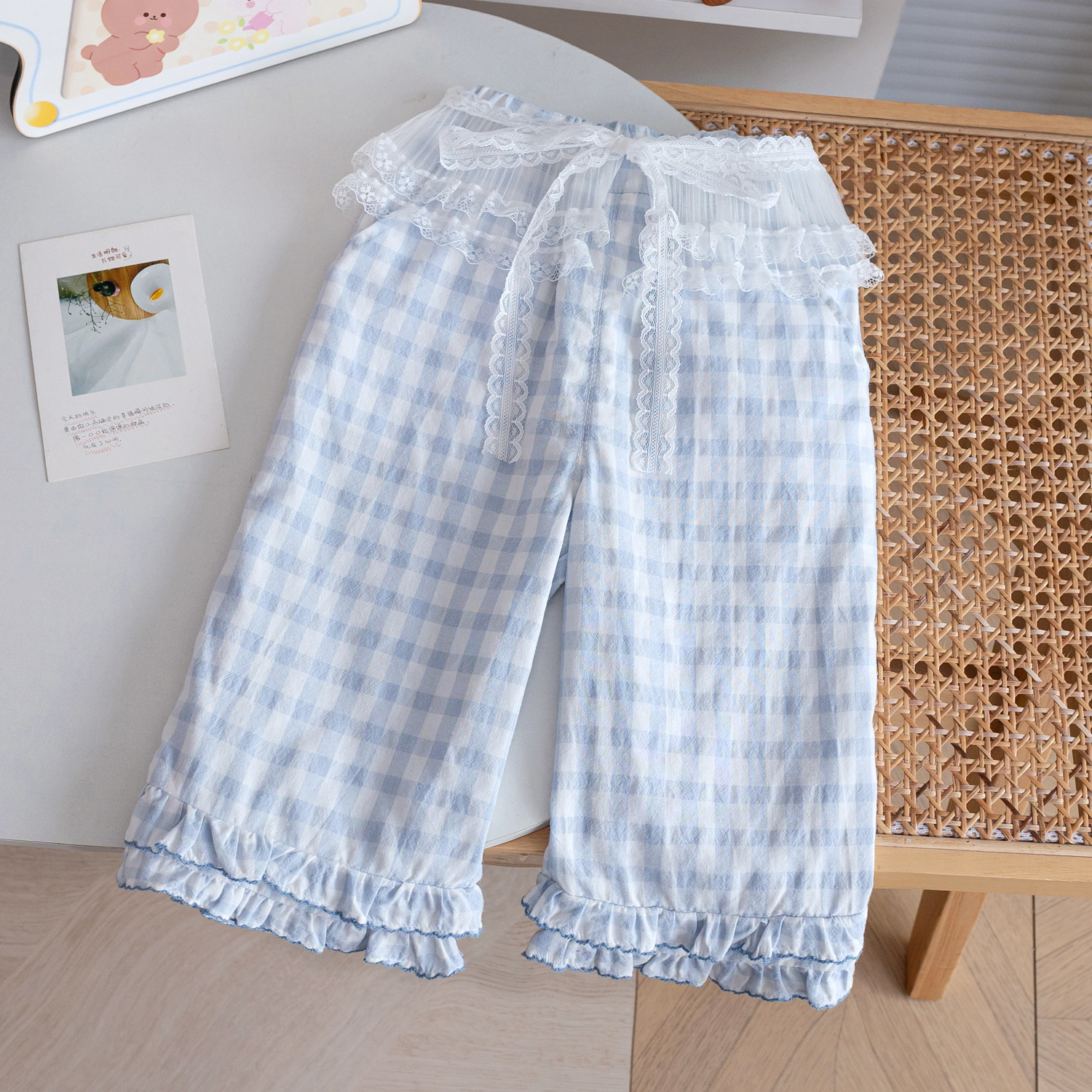 Girls' Plaid Wide Leg Pants 25 Summer New Korean Style Ins Style Lace Pants Casual Straight Pants Trendy 3