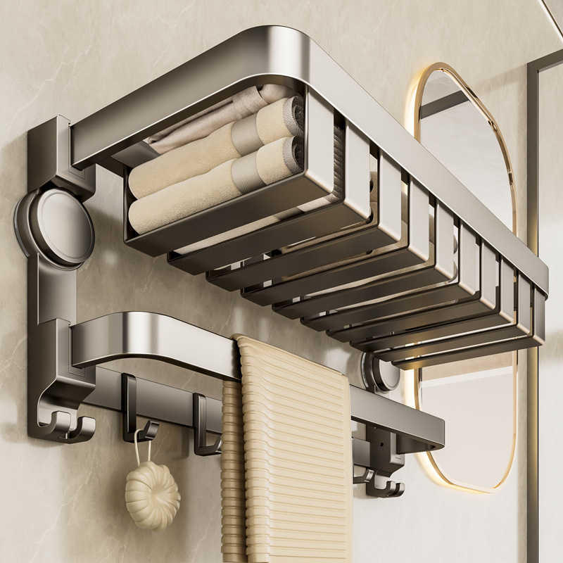 Suction Cup Folding Mesh Basket Bath Towel Rack Bathroom Punch-Free Bathroom Storage Shelf Integrated Hanging Rod Toilet Towel Rack