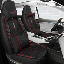 四季通用汽车坐垫全包连体头枕座垫透气亚麻固定头靠垫子布艺车垫