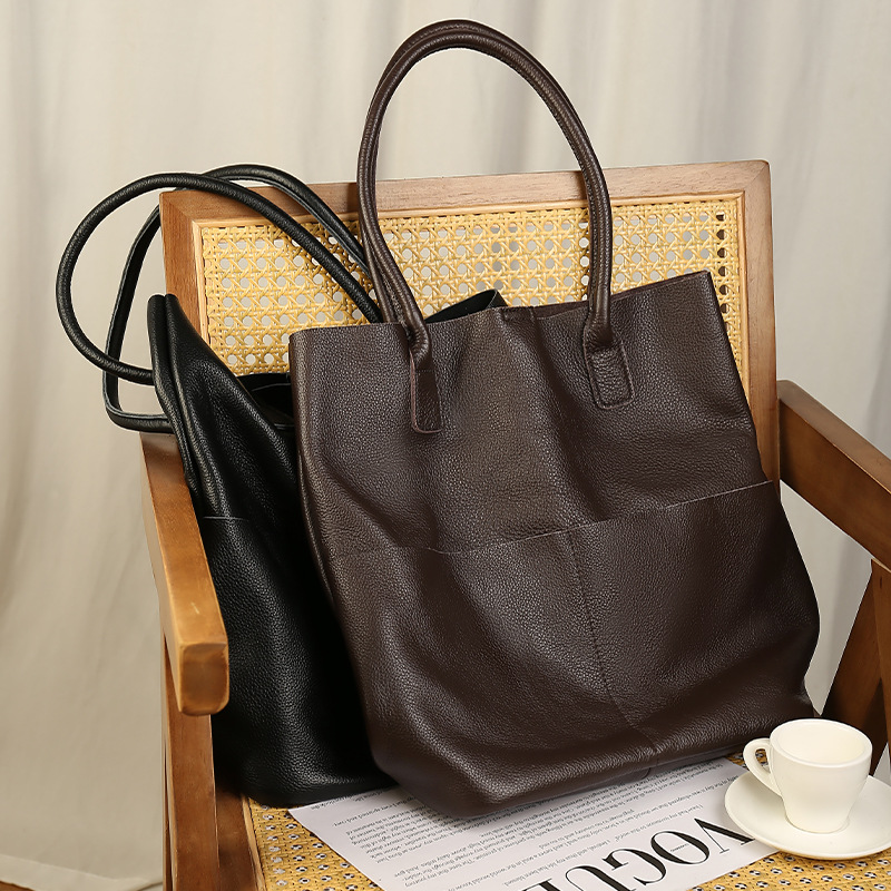 New Genuine Leather Large Capacity Shoulder Tote Bag For Women High-End Minimalist Commuter Soft Cowhide Bucket Bag - Thumbnail 3
