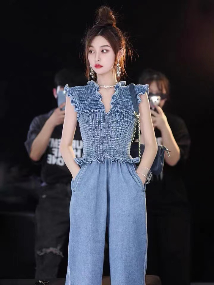 Bộ jumpsuit denim mùa hè FL222347 dành cho nữ, phong cách nhẹ nhàng sang trọng, tôn dáng, kiểu dáng mới thời trang — Màu xanh lam chi tiết 4