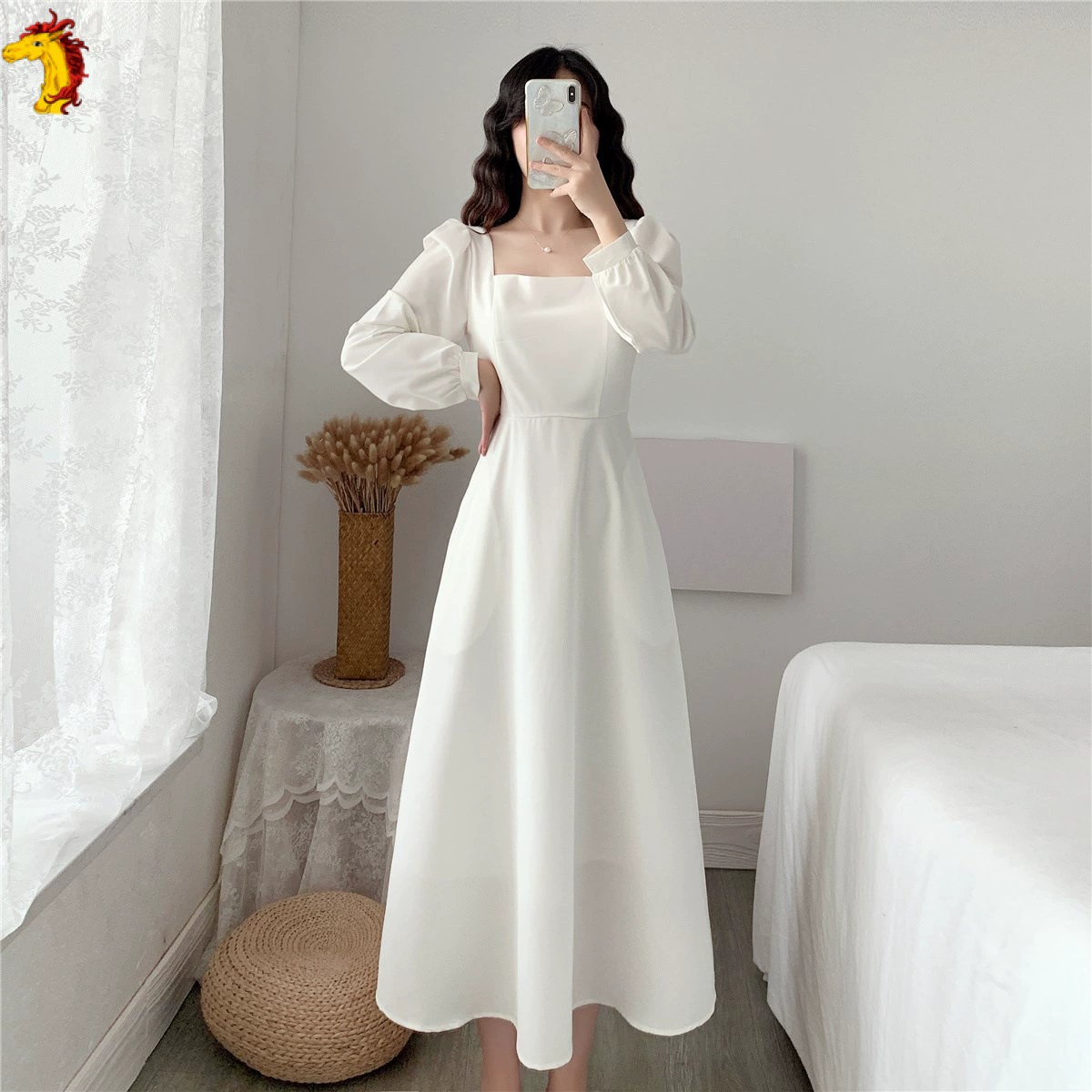 модное платье для женщин, новогоднее платье с длинными рукавами, элегантный квадратный воротник, длиной до колена, маленькое черное платье в стиле Хепберн