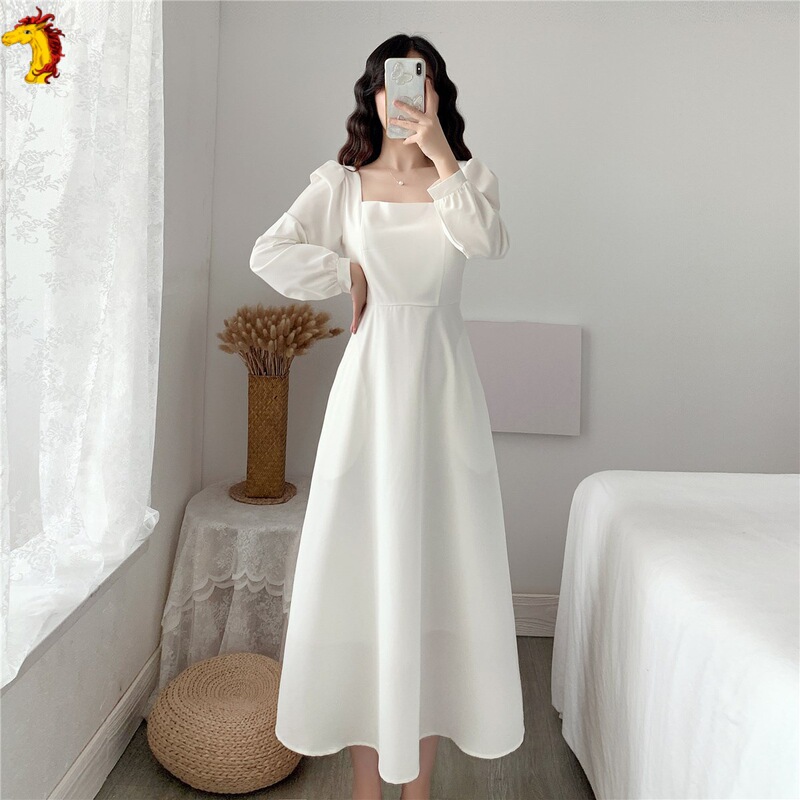 Fashionable Dress women's spring long-sleeved dress elegant square collar over-the-knee long Hepburn style small black dress