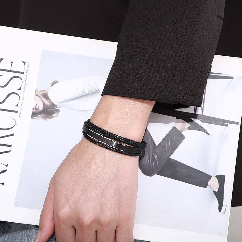 Geometric Pattern Casual Simple Style Geometric Stainless Steel Cowhide Braid Men's Bangle Men Cord & Leather Bracelets