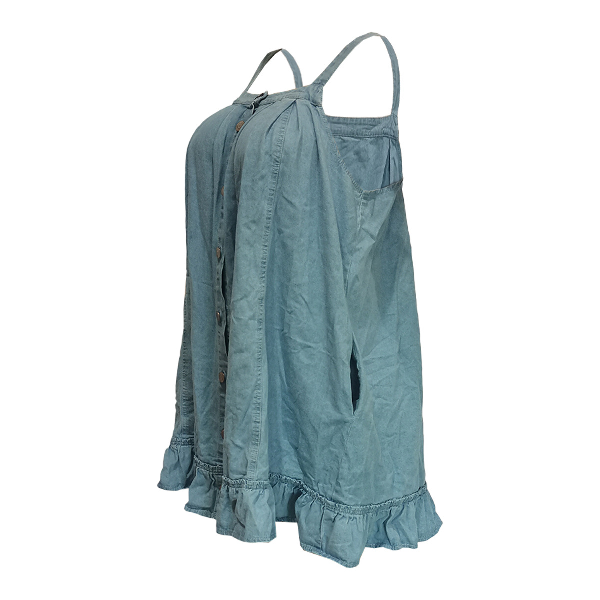 women's clothing Solid color suspenders button pocket loose washed denim dress_mkmklike.com