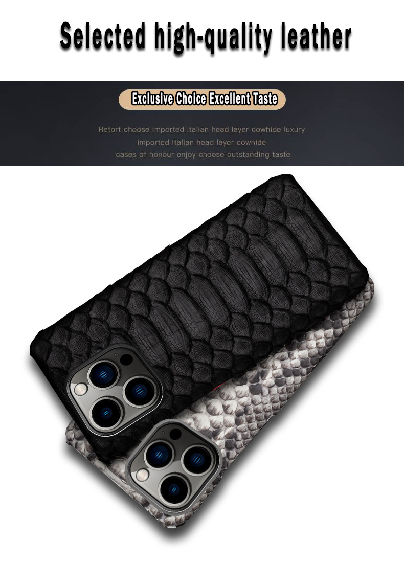 Ốp lưng iPhone da rắn tự nhiên vân cá sấu chống sốc — Lưng màu nguyên bản, Bụng màu nguyên bản, Màu đen bụng chi tiết 1