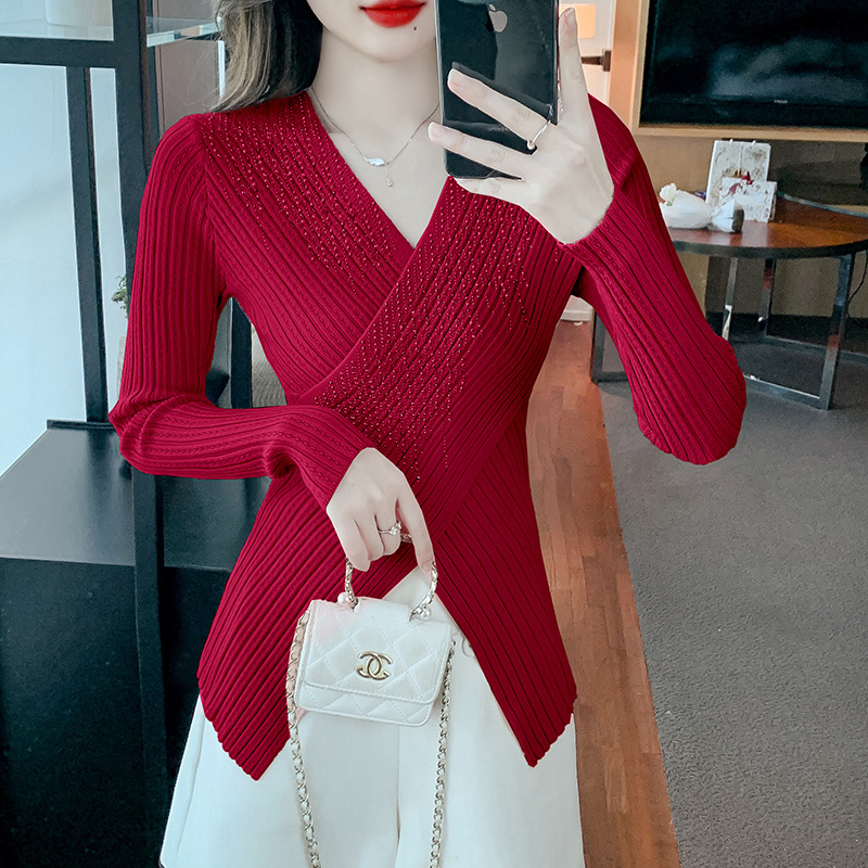 스웨터 사용자 정의 2023 불규칙한 핫 다이아몬드 디자인 니트 바닥 스웨터 가을, 겨울 다목적 서양식 풀오버 긴 소매