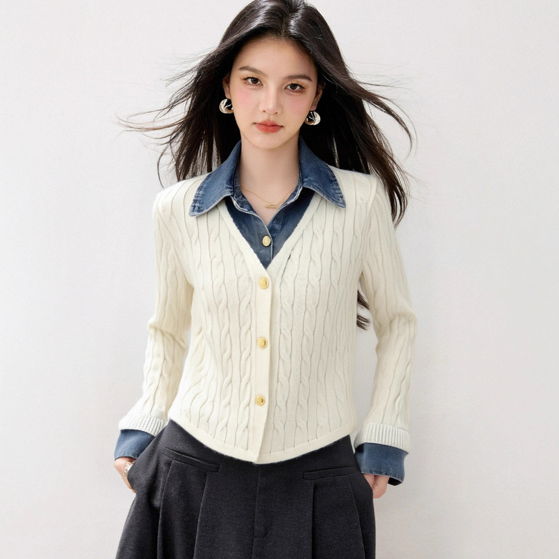 R9341拼接假两件上衣女小众设计感气质麻花秋冬内搭开衫外套跨境|undefined