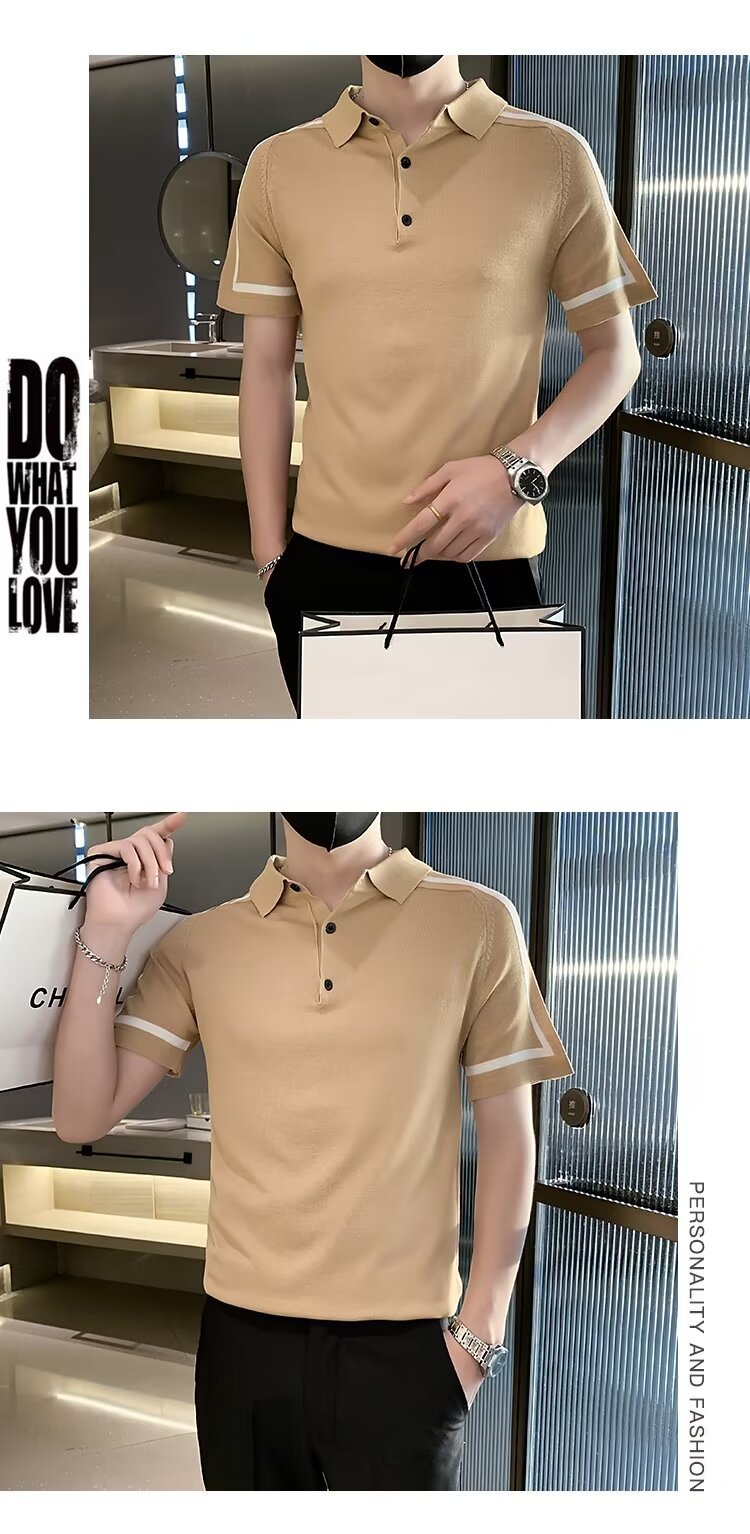 Herr polo randig kort ärm slim fit stickad sommartröja_voghion.com