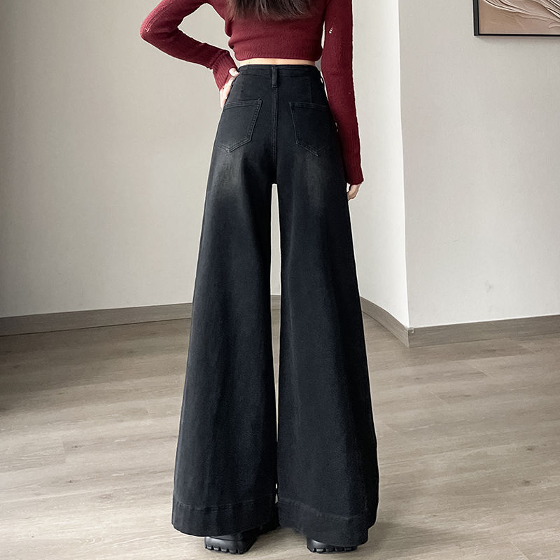 高腰加绒微喇牛仔裤女秋冬季宽松直筒拖地阔腿喇叭裤子牛仔棉长裤
