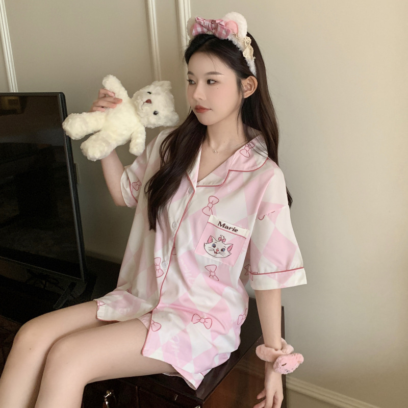 Pijamas de algodón de verano, chicas dulces estudiantes, cardigan de manga corta, pantalones cortos de dibujos animados, ropa para el hogar se puede usar fuera