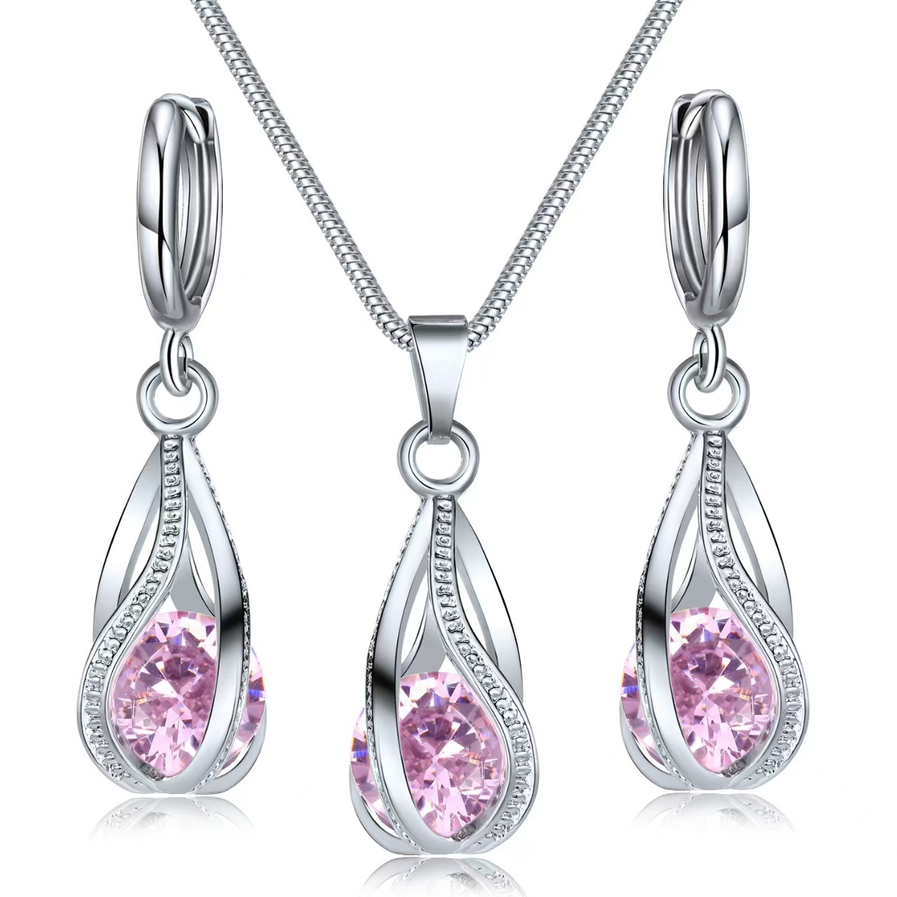 Cross-Border Hot-Selling Zircon Crystal Jewelry Set for Women European and American Retro Creative Design Rotating Water Drop Necklace Earrings Trend
