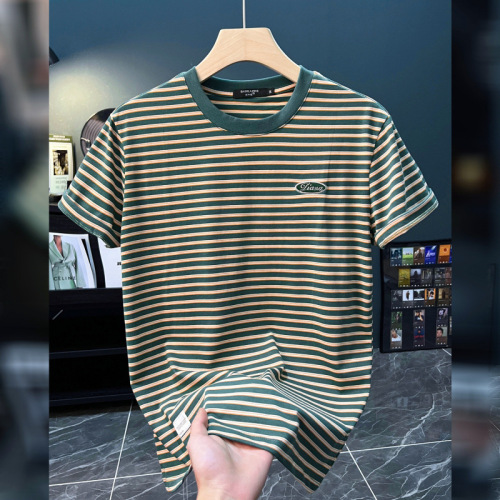 Men's Trendy Short-Sleeve T-Shirt with Ice-Texture Elastic Striped Material - Summer New Arrival Casual Loose Fit Stylish Crew Neck Top