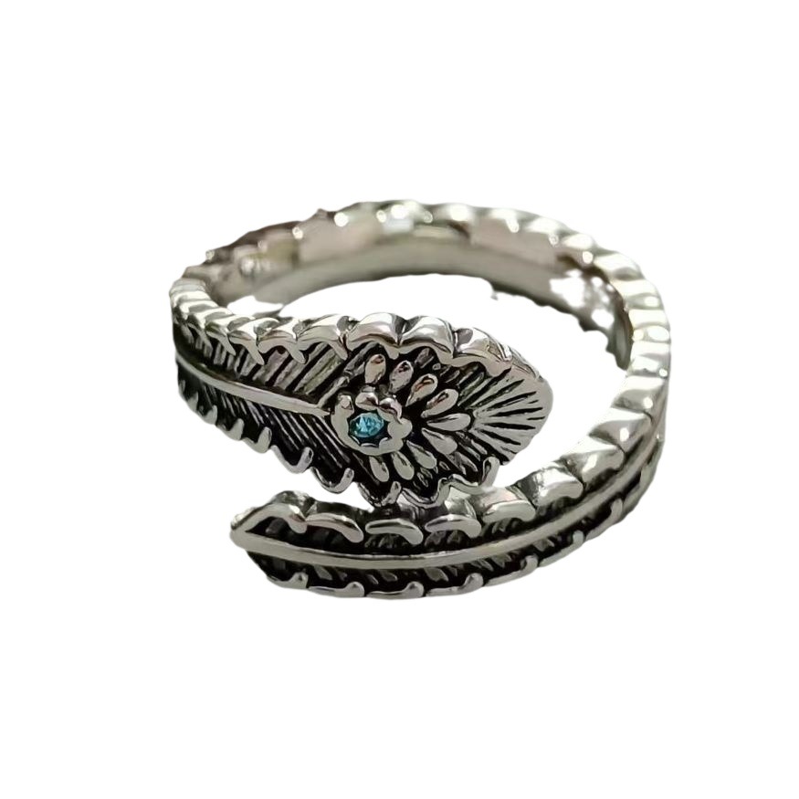 Wholesale Feather For Men And Women, Adjustable Rings Inlaid With Zircon, Vintage Distressed Thai Silver Personalized_voghion.com
