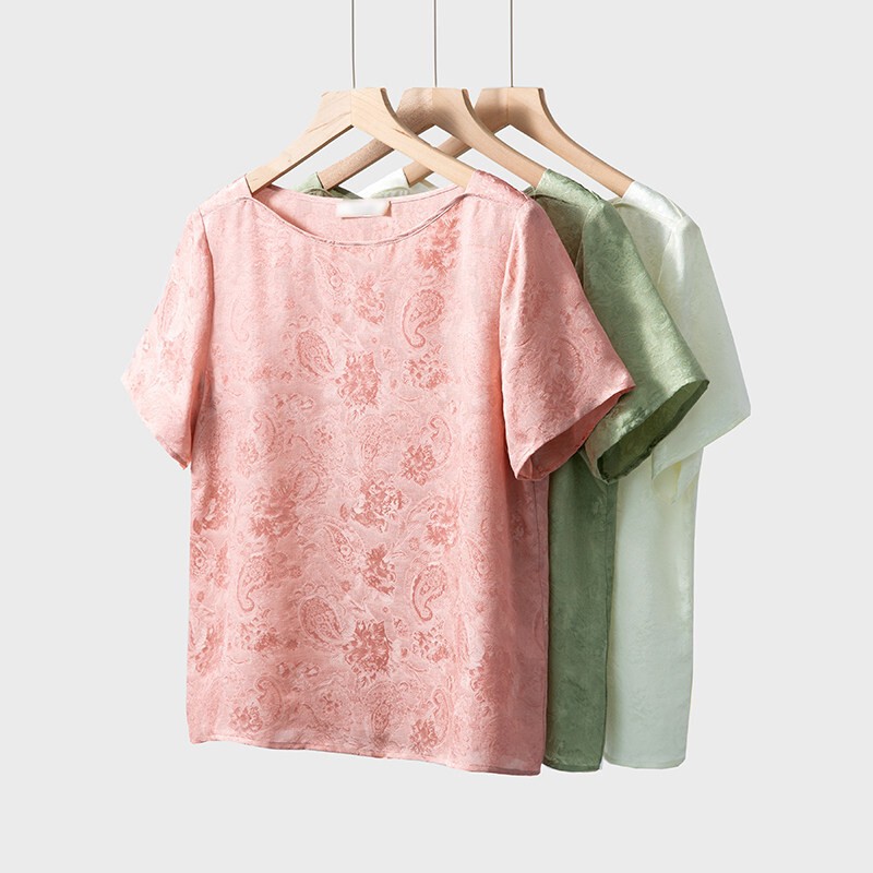 Silk Short-Sleeve T-Shirt for Women, 100% Mulberry Silk Jacquard, Full Jacquard Pattern, Off-The-Shoulder Top, New Summer Style Silk Short-Sleeve T-Shirt for Women, 100% Mulberry Silk Jacquard, Full Jacquard Pattern, Off-The-Shoulder Top, New Summer Style