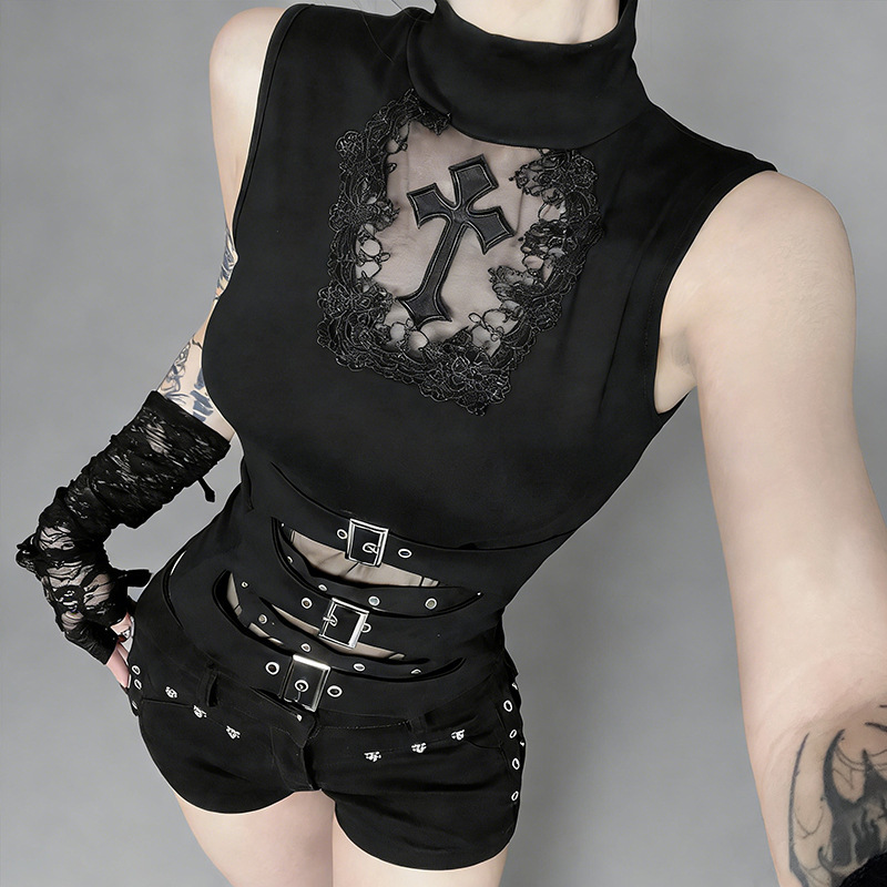 Xs26023 Dark Style Basic Versatile Sleeveless Top 2026 New Gothic Style Hollow Cross Top for Women Xs26023 Dark Style Basic Versatile Sleeveless Top 2026 New Gothic Style Hollow Cross Top for Women