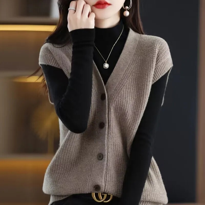 Spring and Autumn New V-neck Knitted Cardigan Vest Women's Korean-style Loose All-match Sleeveless Sweater Vest Women's Outer Wear