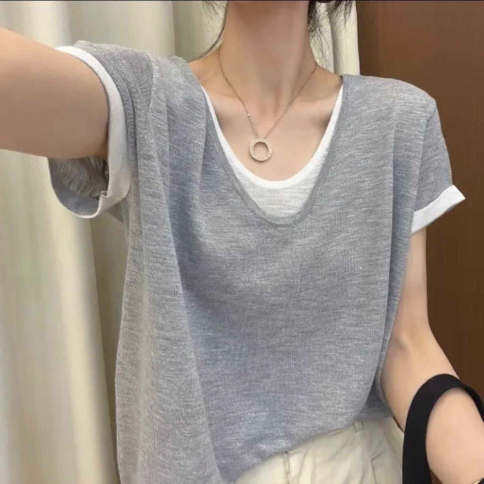 偽のvネック半袖tシャツ女性の夏のゆったりとした衝突色のデザイン感アメリカのギャルchi百合上着|undefined